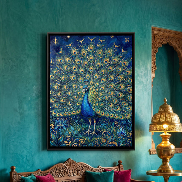 Dancing Peacock — framed canvas art hung on a wall