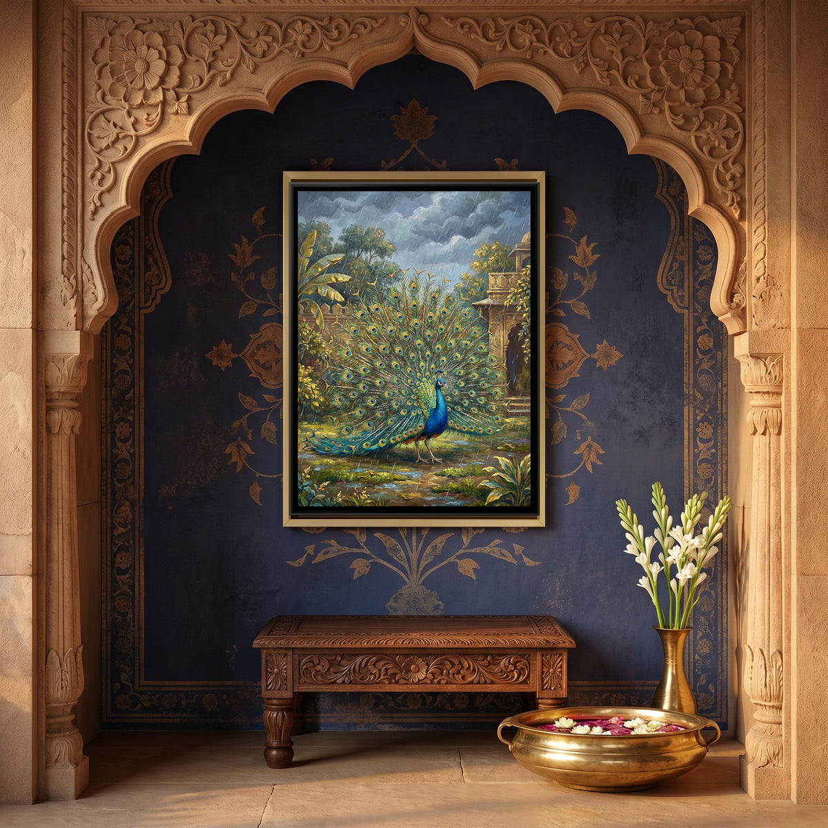 Dancing Peacock — canvas art shown in a styled room