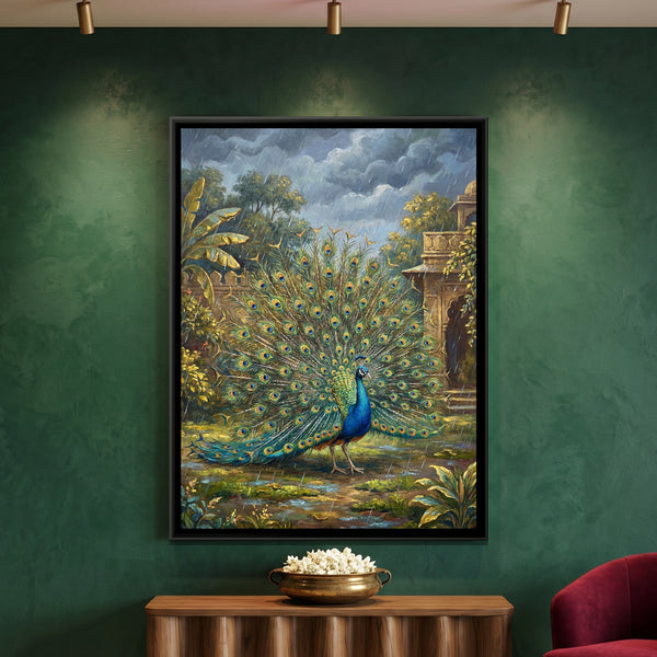 Dancing Peacock — framed canvas art hung on a wall