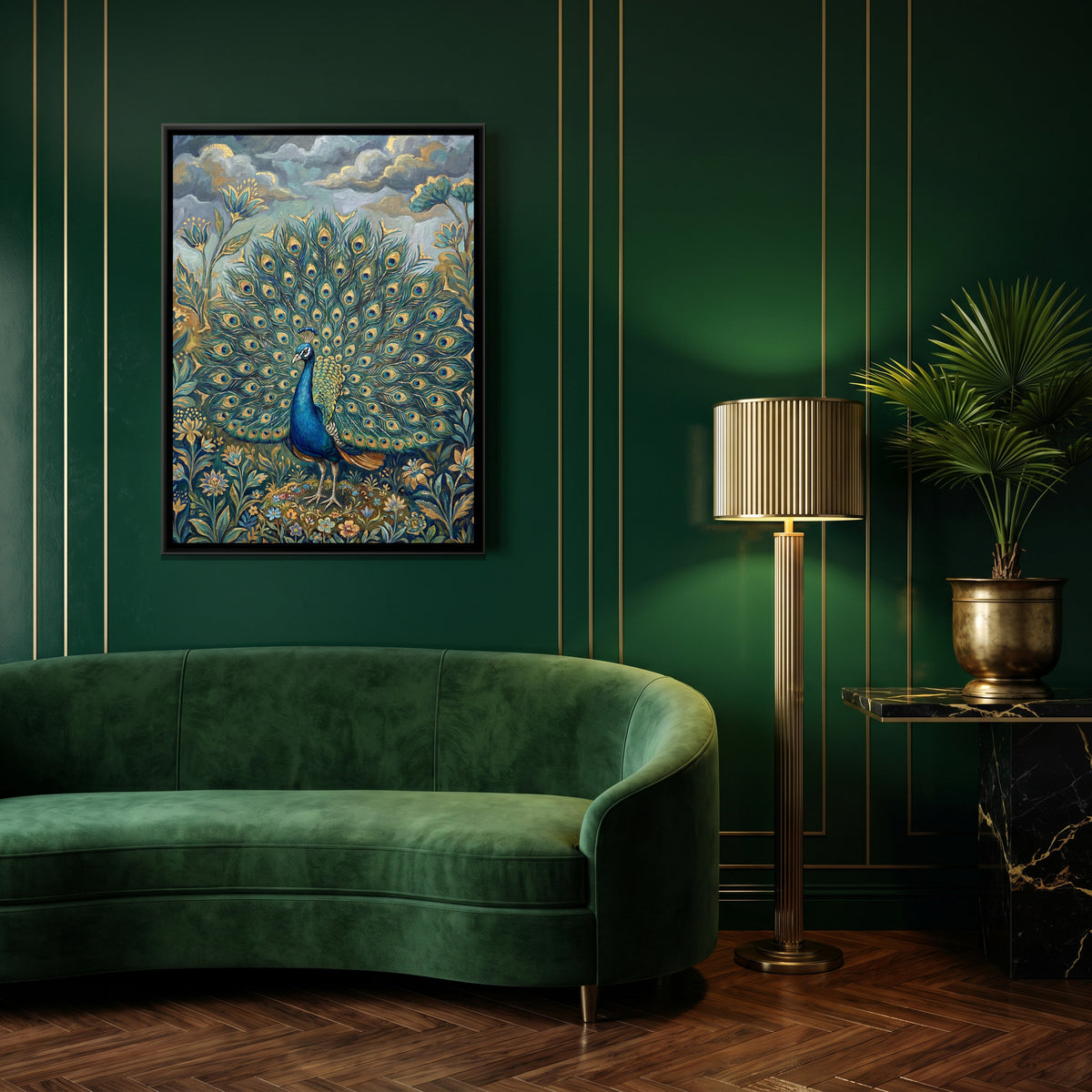 Dancing Peacock — canvas art shown in a styled room