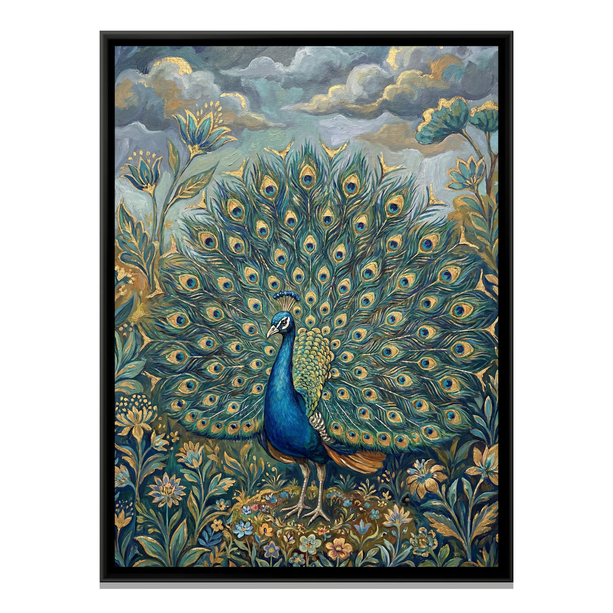 Dancing Peacock — framed canvas print, front view
