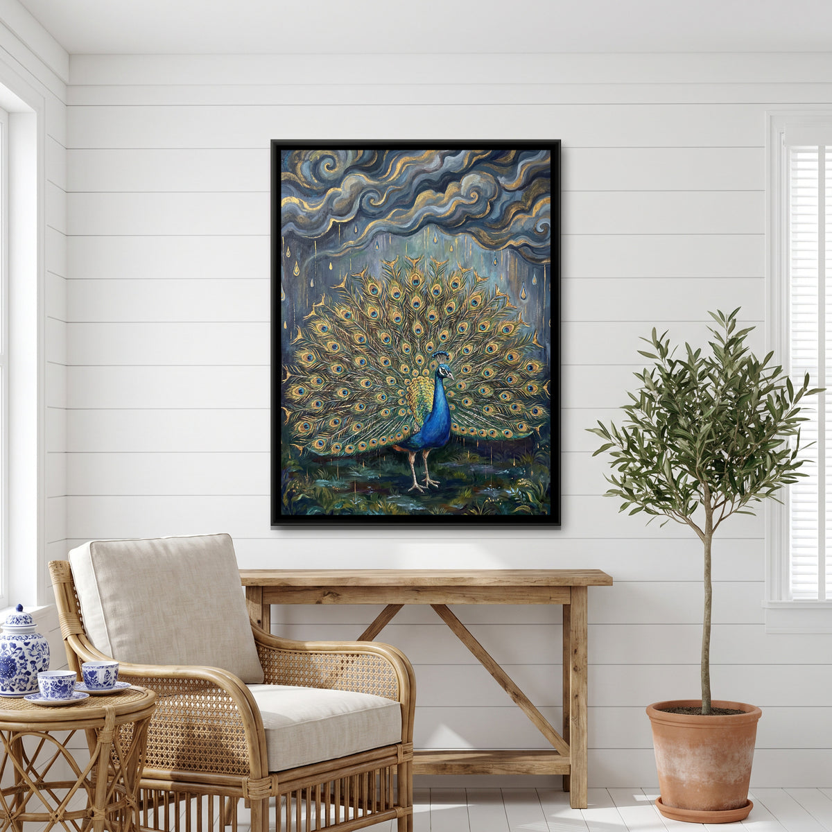 Dancing Peacock — canvas art shown in a styled room