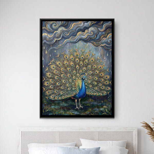 Dancing Peacock — framed canvas art hung on a wall