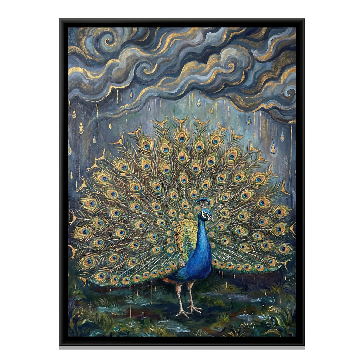 Dancing Peacock — framed canvas print, front view