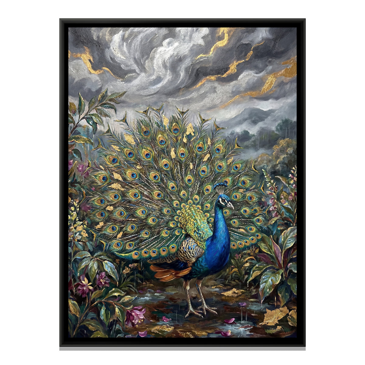 Dancing Peacock — framed canvas print, front view