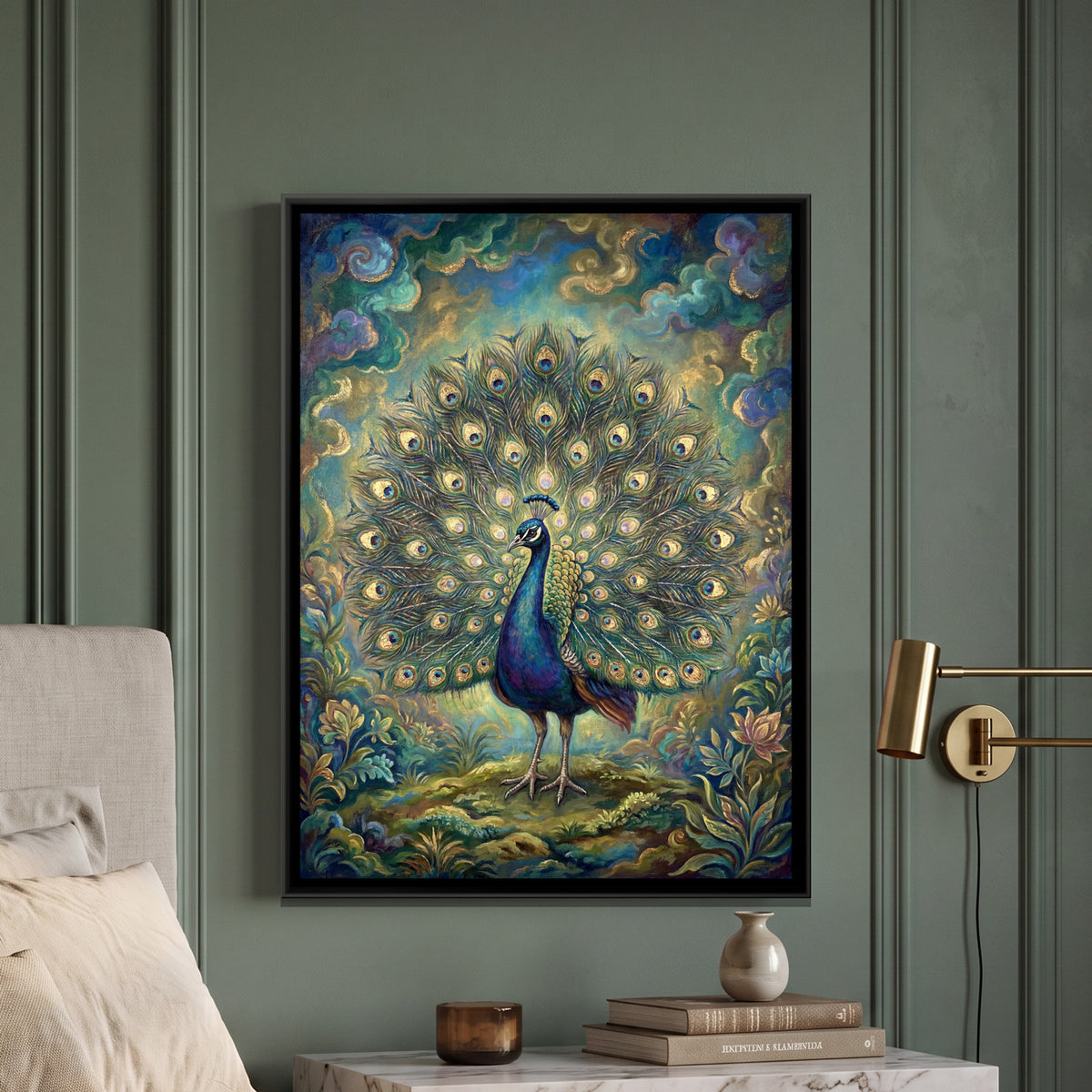 Dancing Peacock — framed canvas art hung on a wall