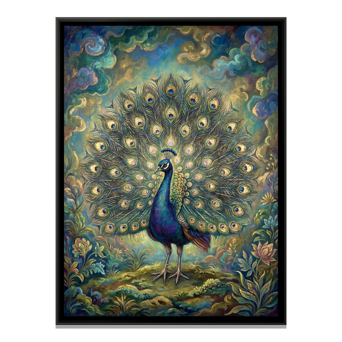 Dancing Peacock — framed canvas print, front view