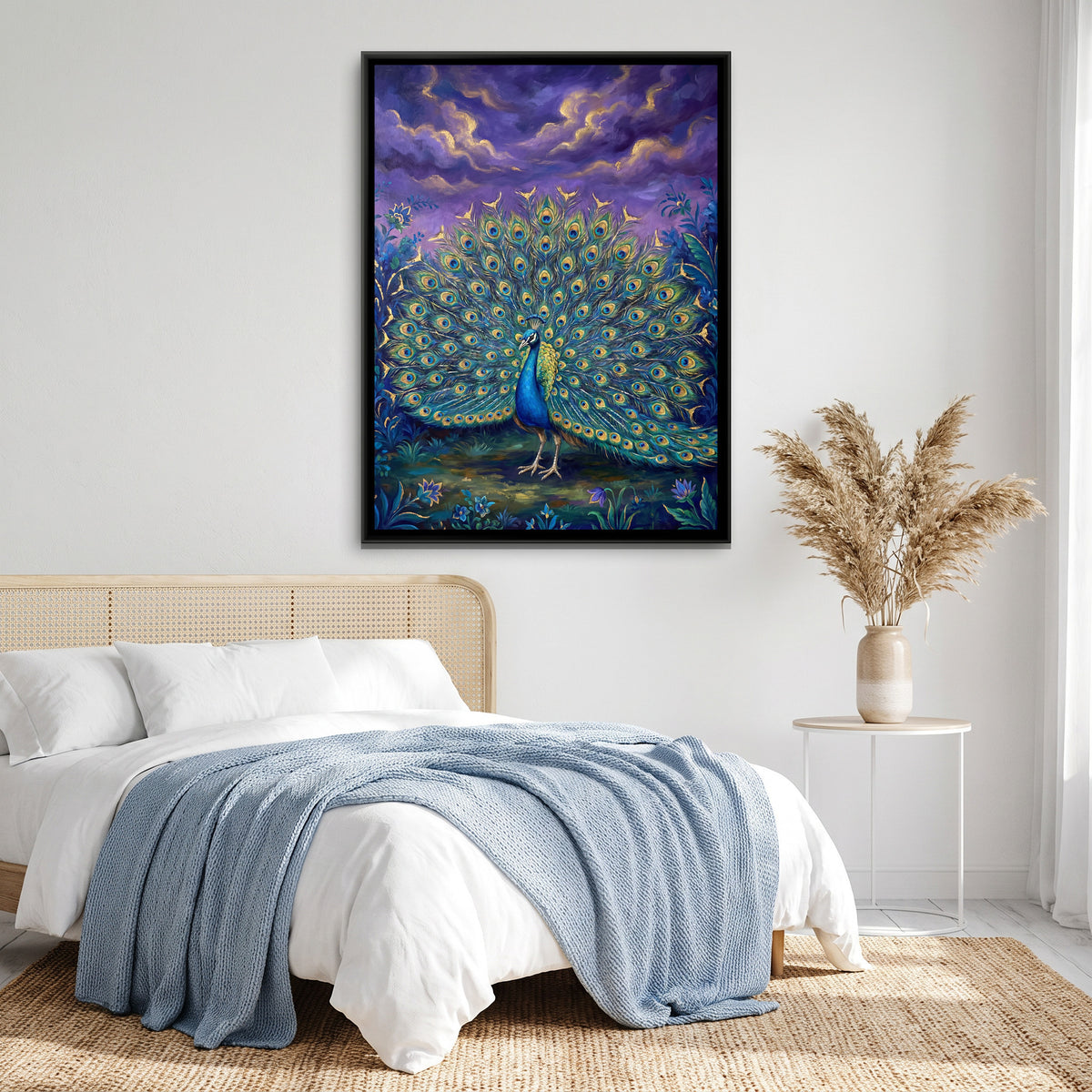 Dancing Peacock — canvas art shown in a styled room