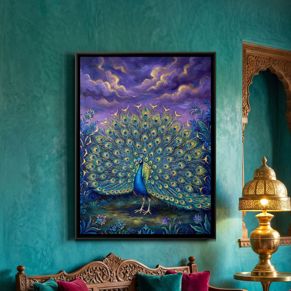 Dancing Peacock — framed canvas art hung on a wall