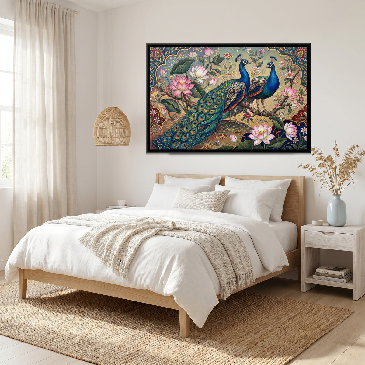 Peacock Pair — canvas art shown in a styled room