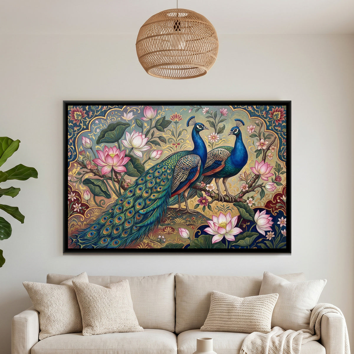 Peacock Pair — framed canvas art hung on a wall