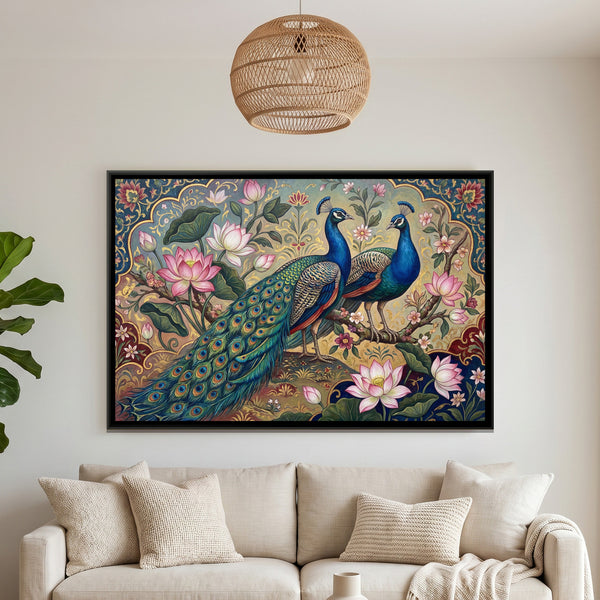 Peacock Pair — framed canvas art hung on a wall
