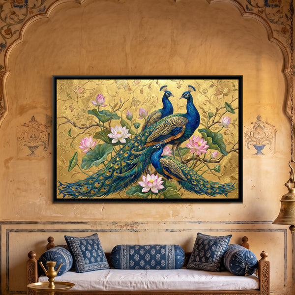 Peacock Pair — framed canvas art hung on a wall