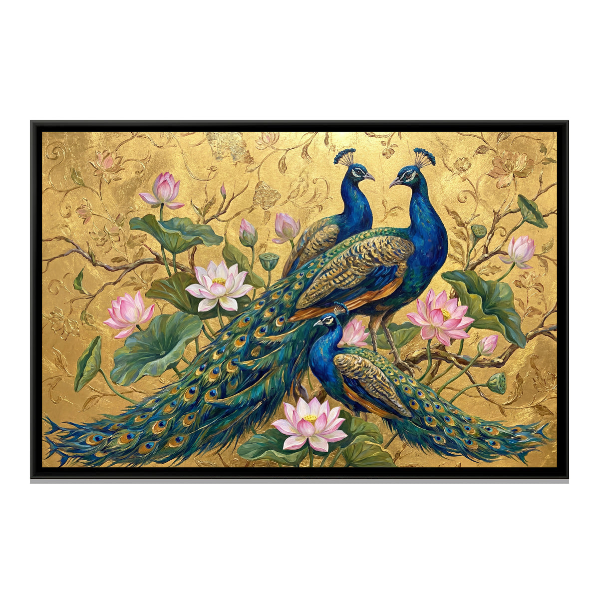 Peacock Pair — framed canvas print, front view