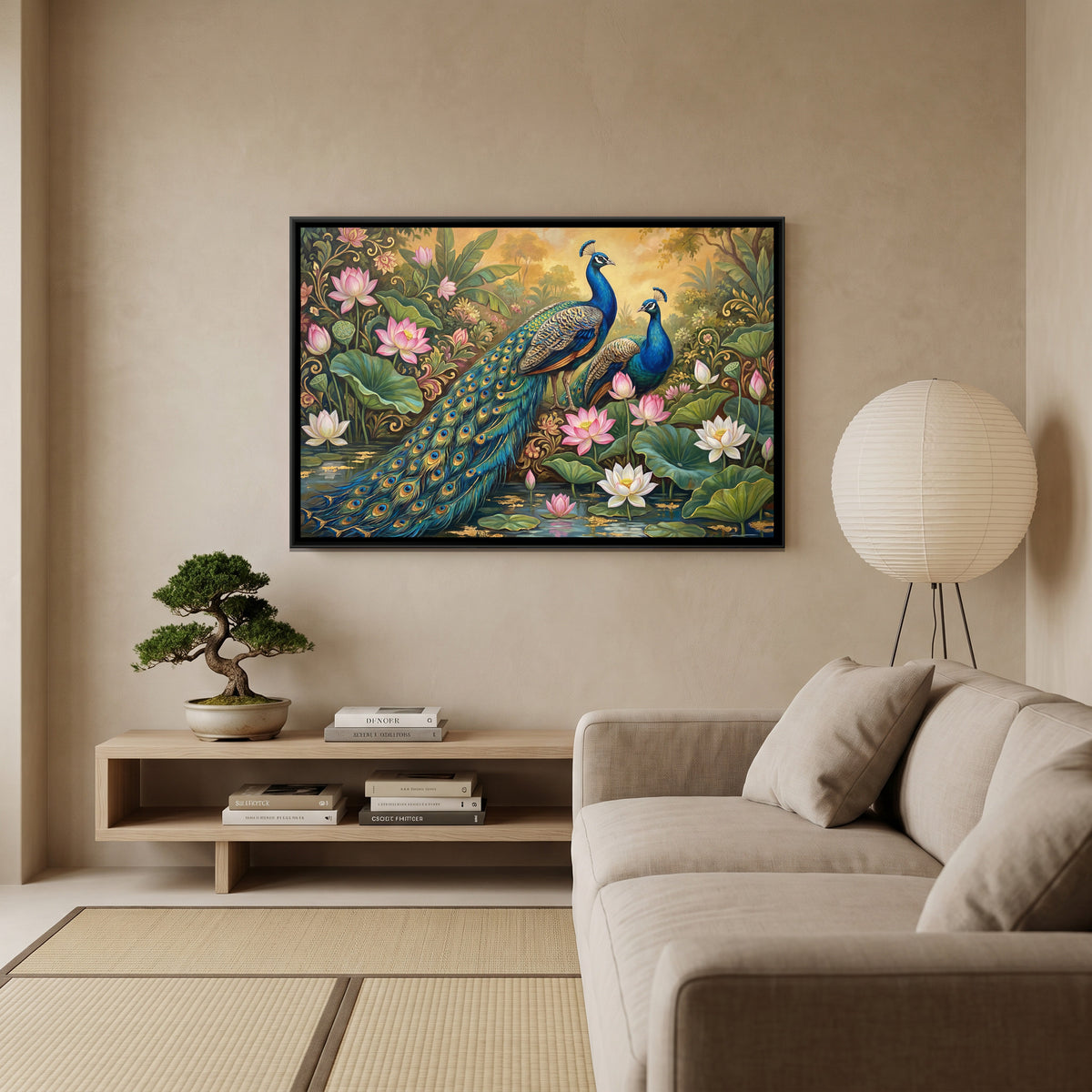 Peacock Pair — canvas art shown in a styled room