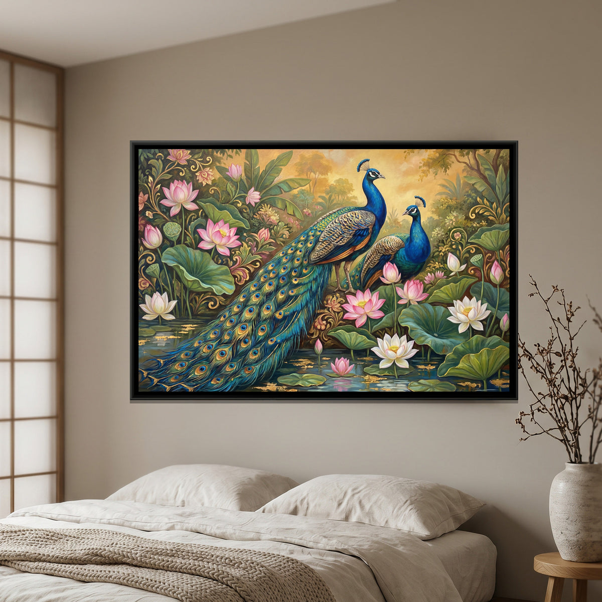 Peacock Pair — framed canvas art hung on a wall