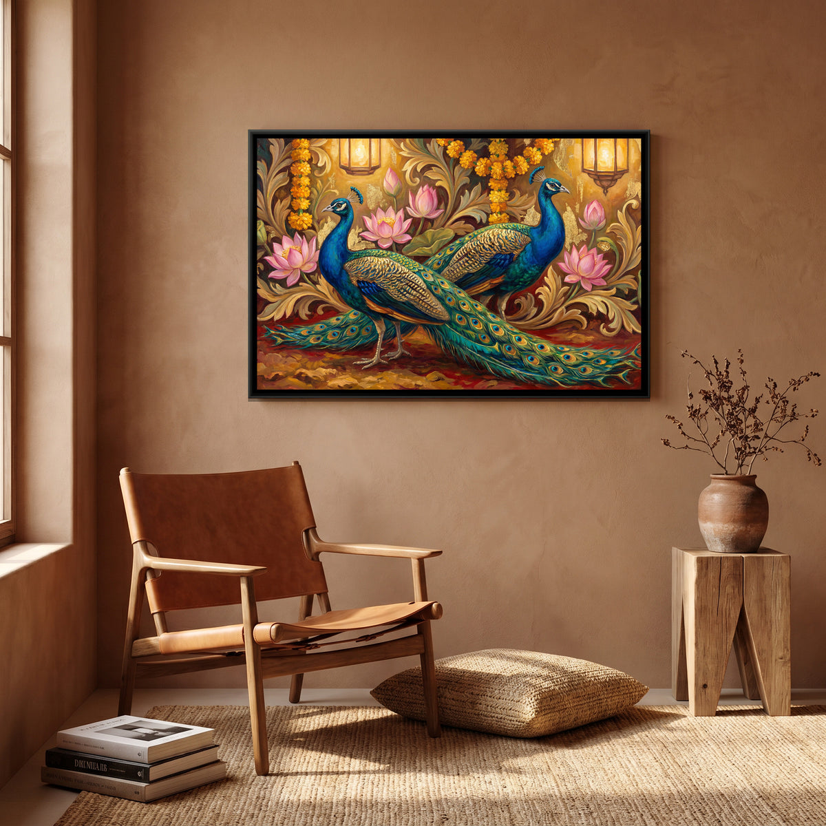 Peacocks and Lotus — canvas art shown in a second room setting