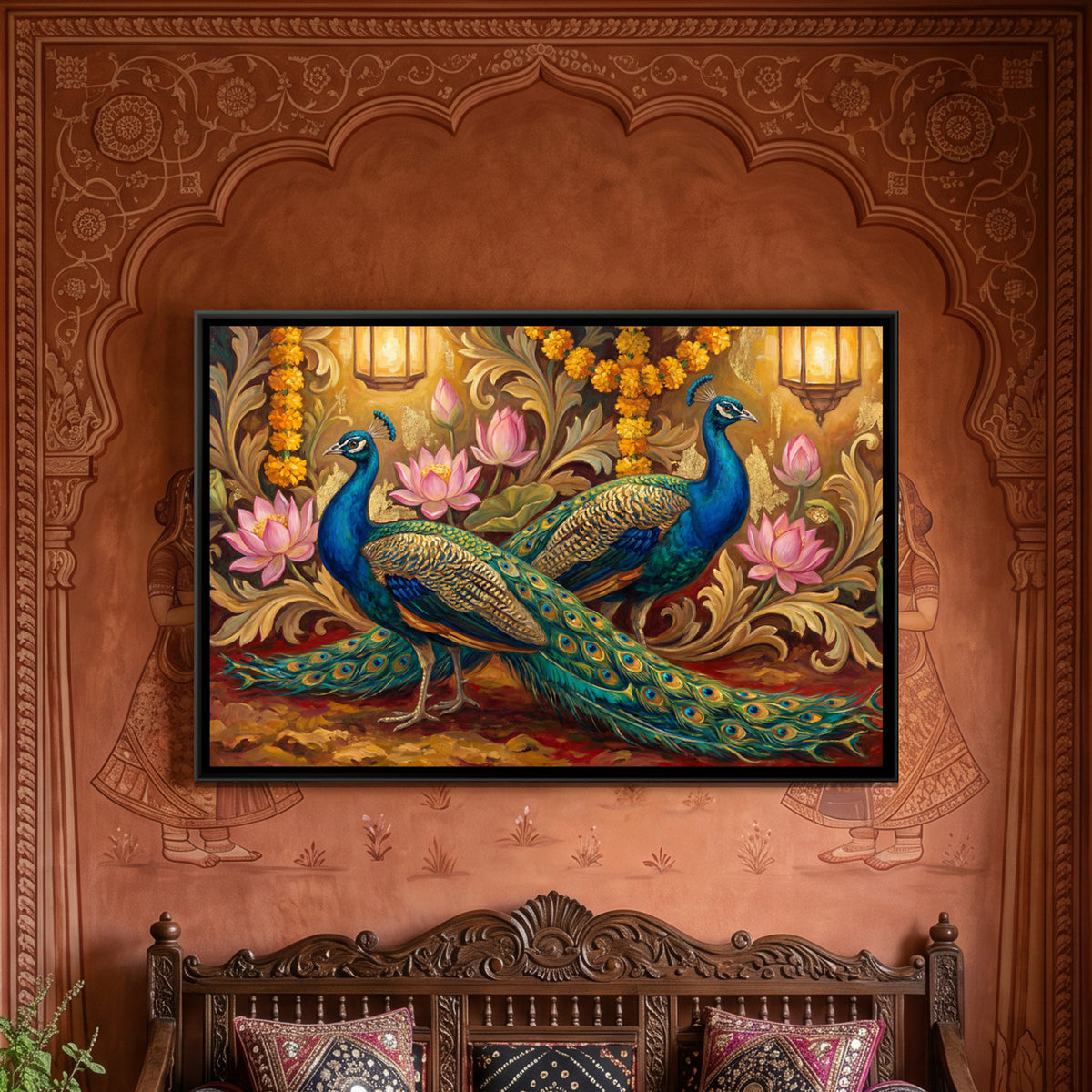 Peacocks and Lotus — framed canvas art hung on a wall