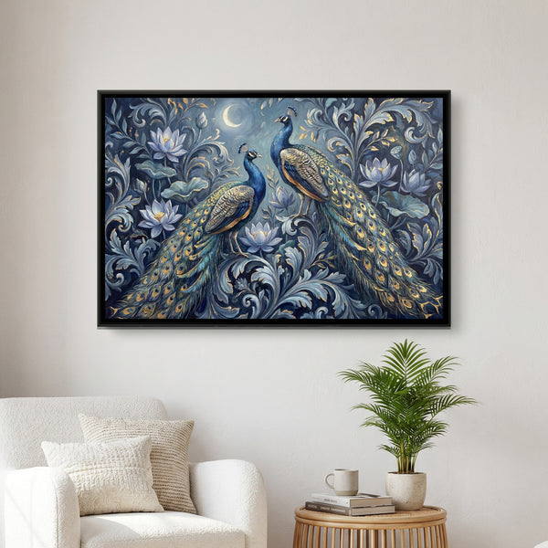 Peacocks and Lotus — framed canvas art hung on a wall