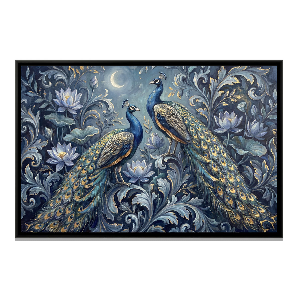 Peacocks and Lotus — framed canvas print, front view