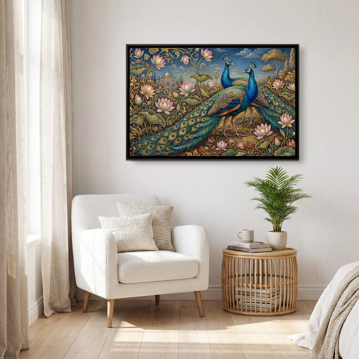 Peacocks and Lotus — canvas art shown in a styled room