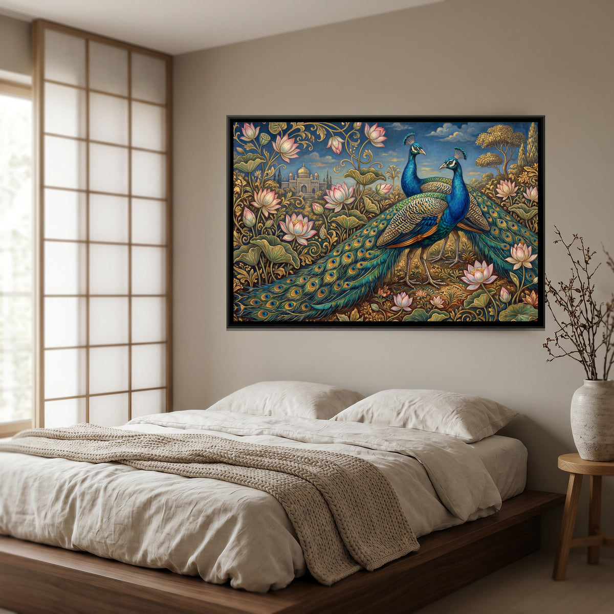 Peacocks and Lotus — canvas art shown in a second room setting