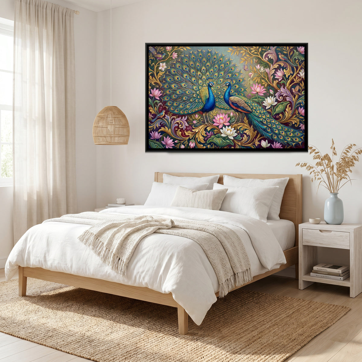 Peacocks and Lotus — canvas art shown in a styled room