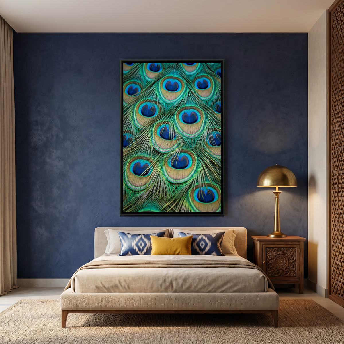 Peacock Feather Close-Up — canvas art shown in a styled room