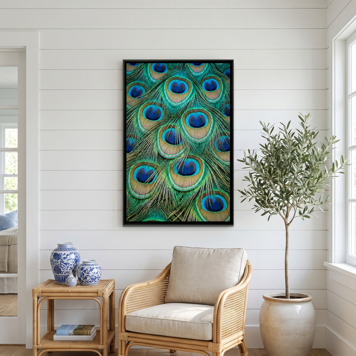 Peacock Feather Close-Up — canvas art shown in a second room setting