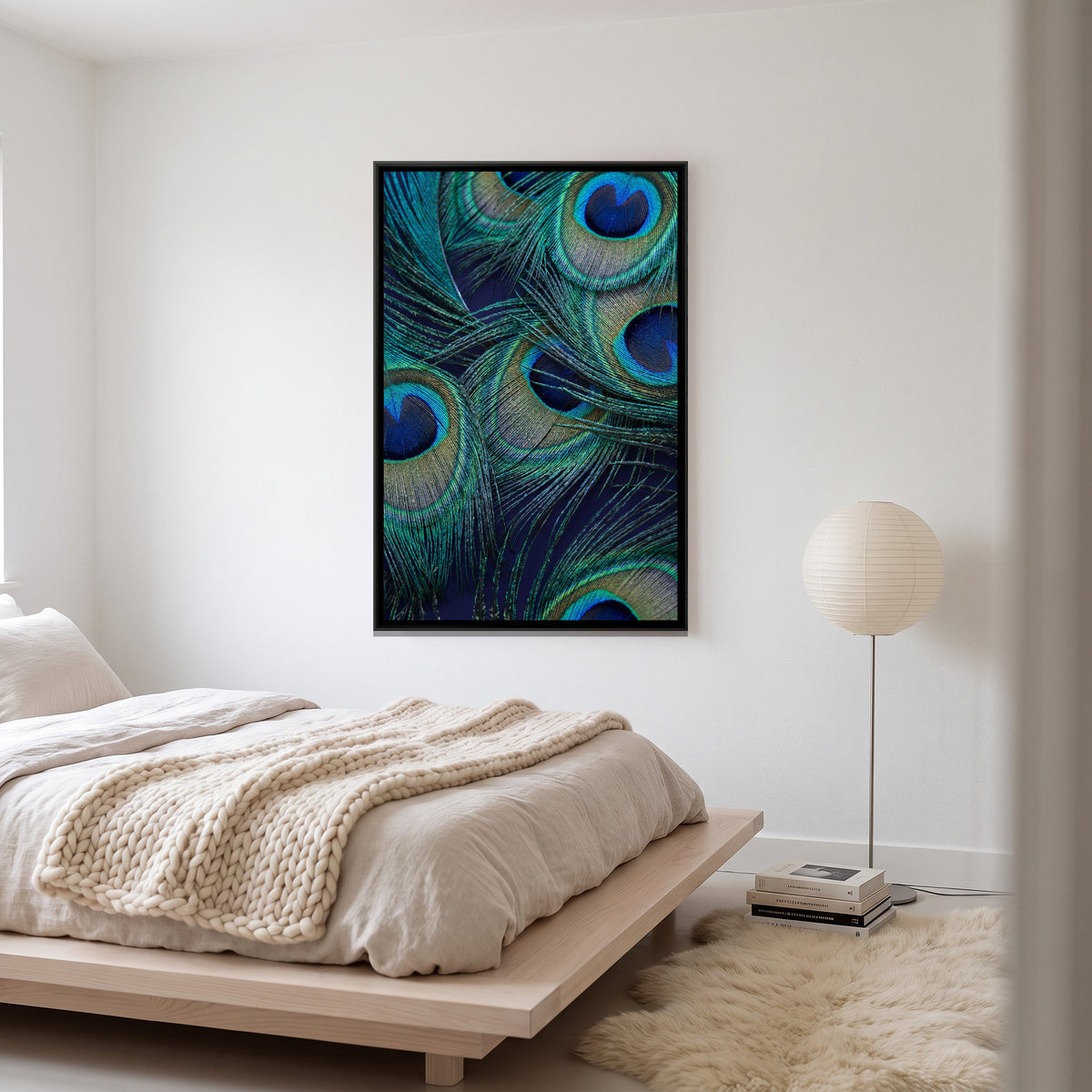 Peacock Feather Close-Up — canvas art shown in a styled room