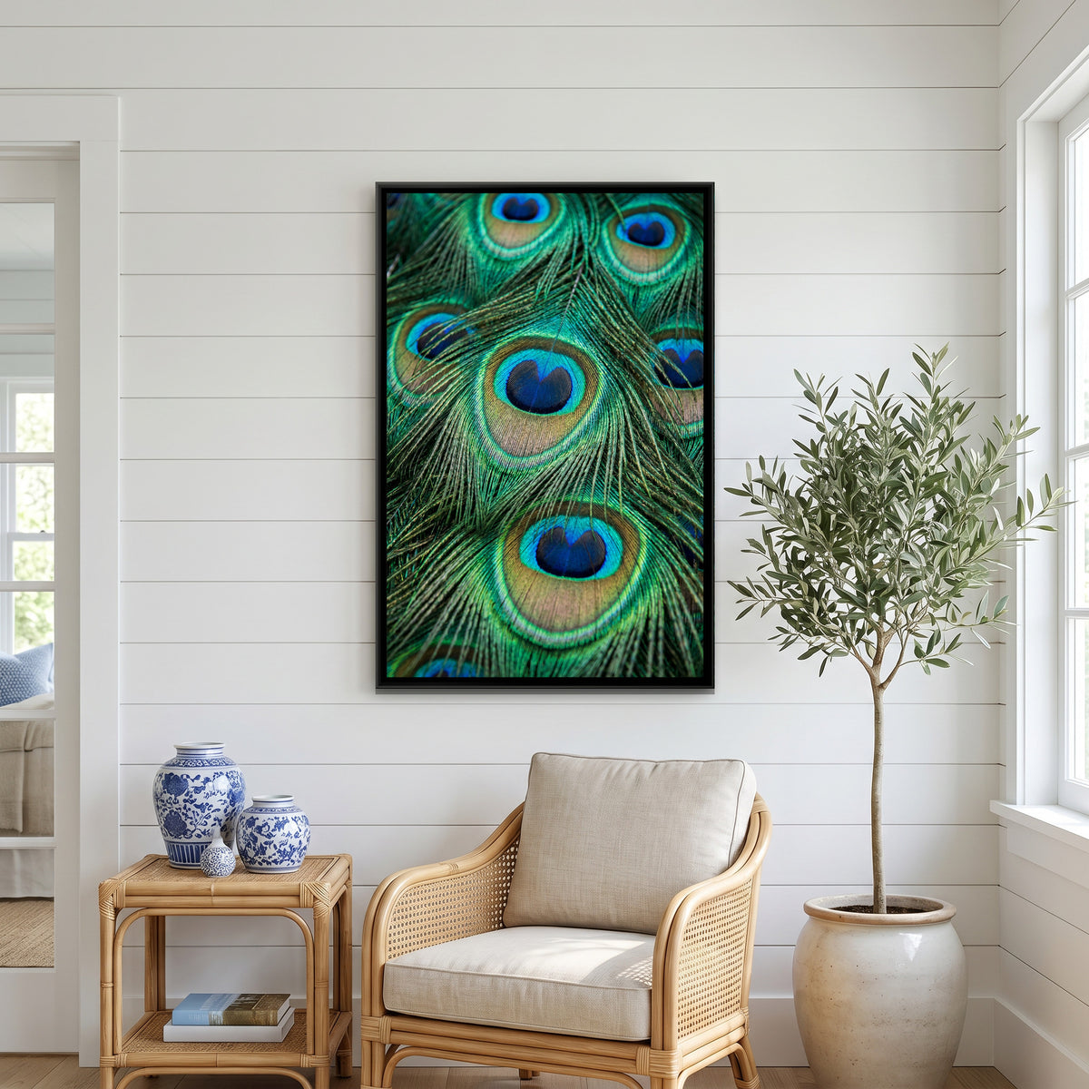 Peacock Feather Close-Up — canvas art shown in a second room setting