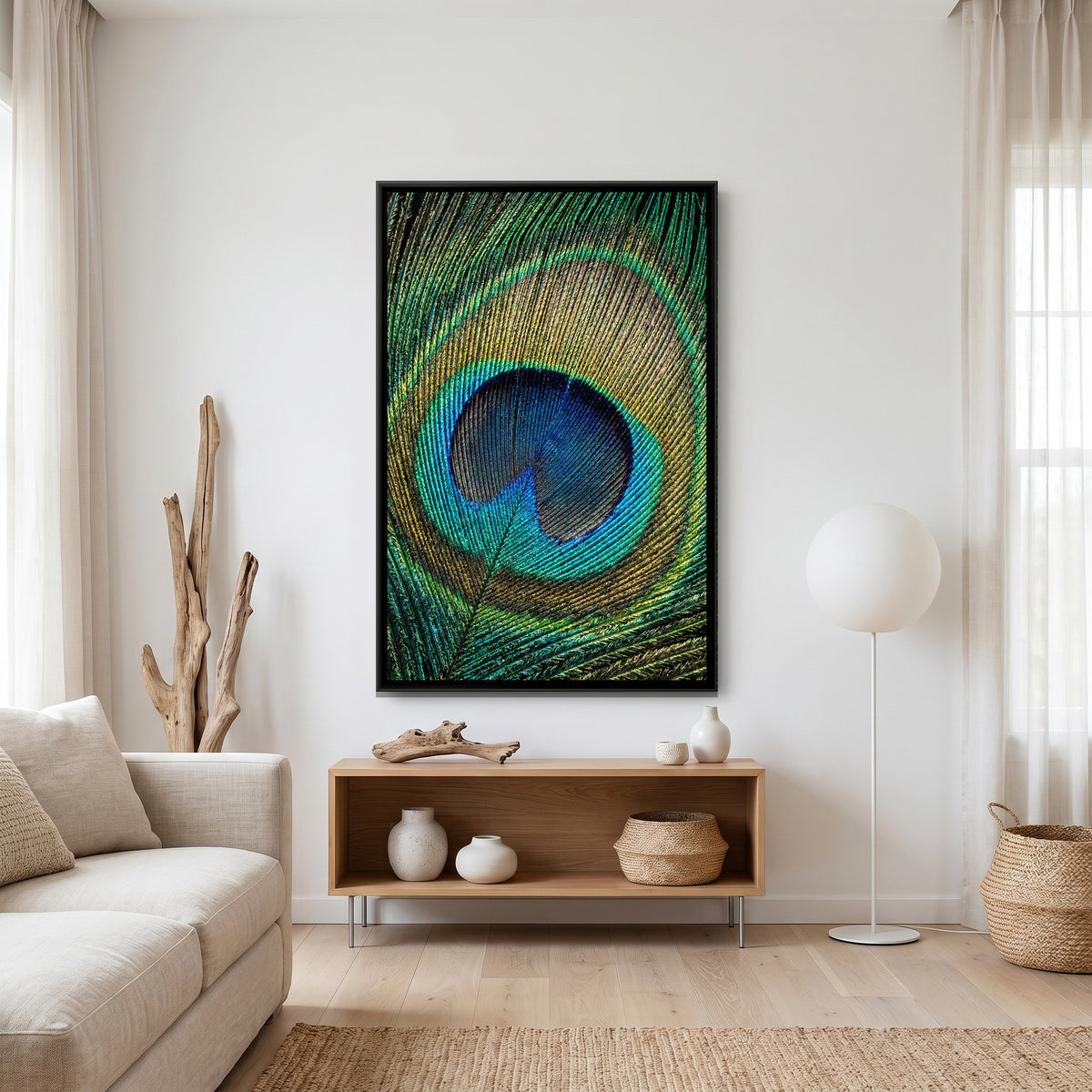 Peacock Feather Close-Up — canvas art shown in a second room setting