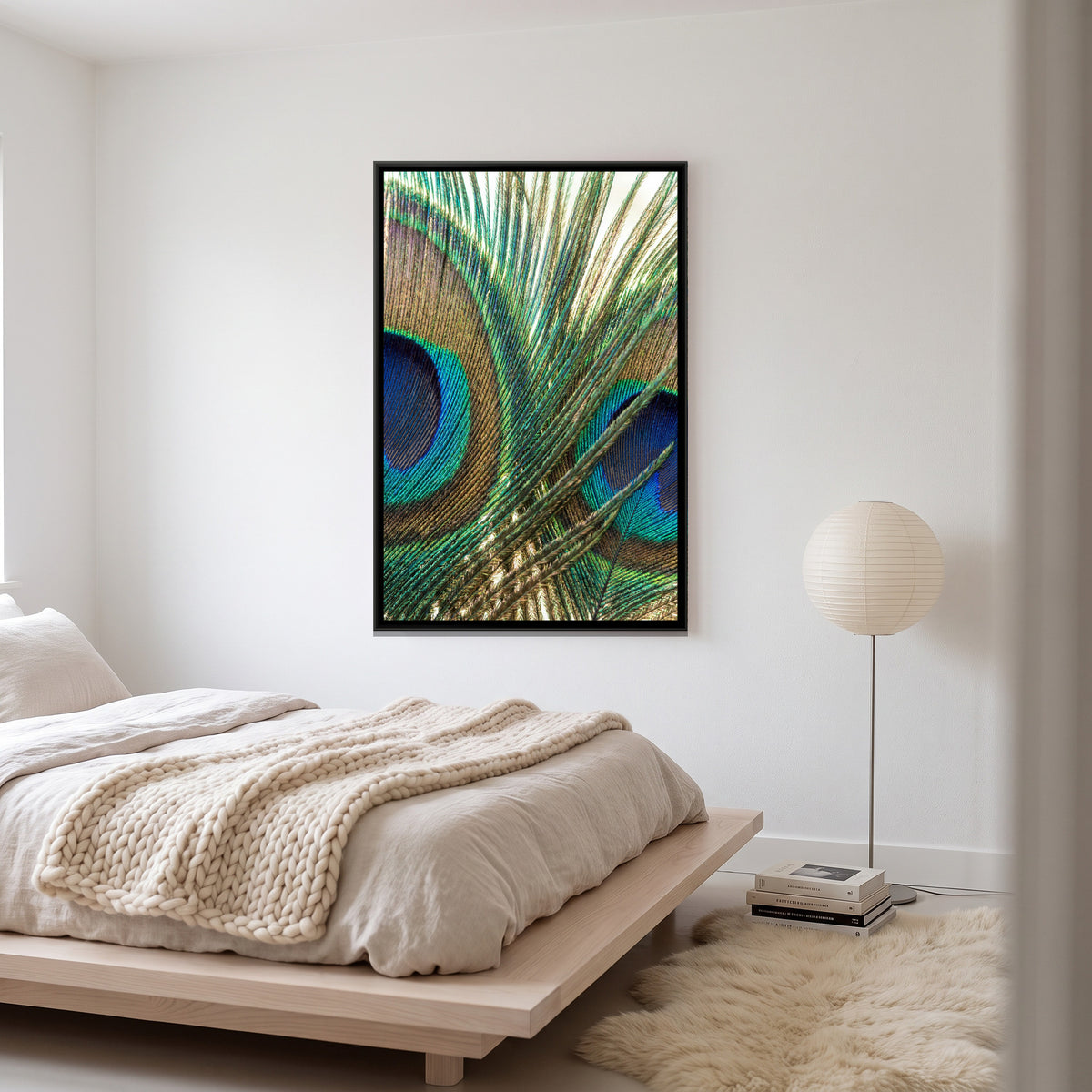 Peacock Feather Close-Up — canvas art shown in a second room setting