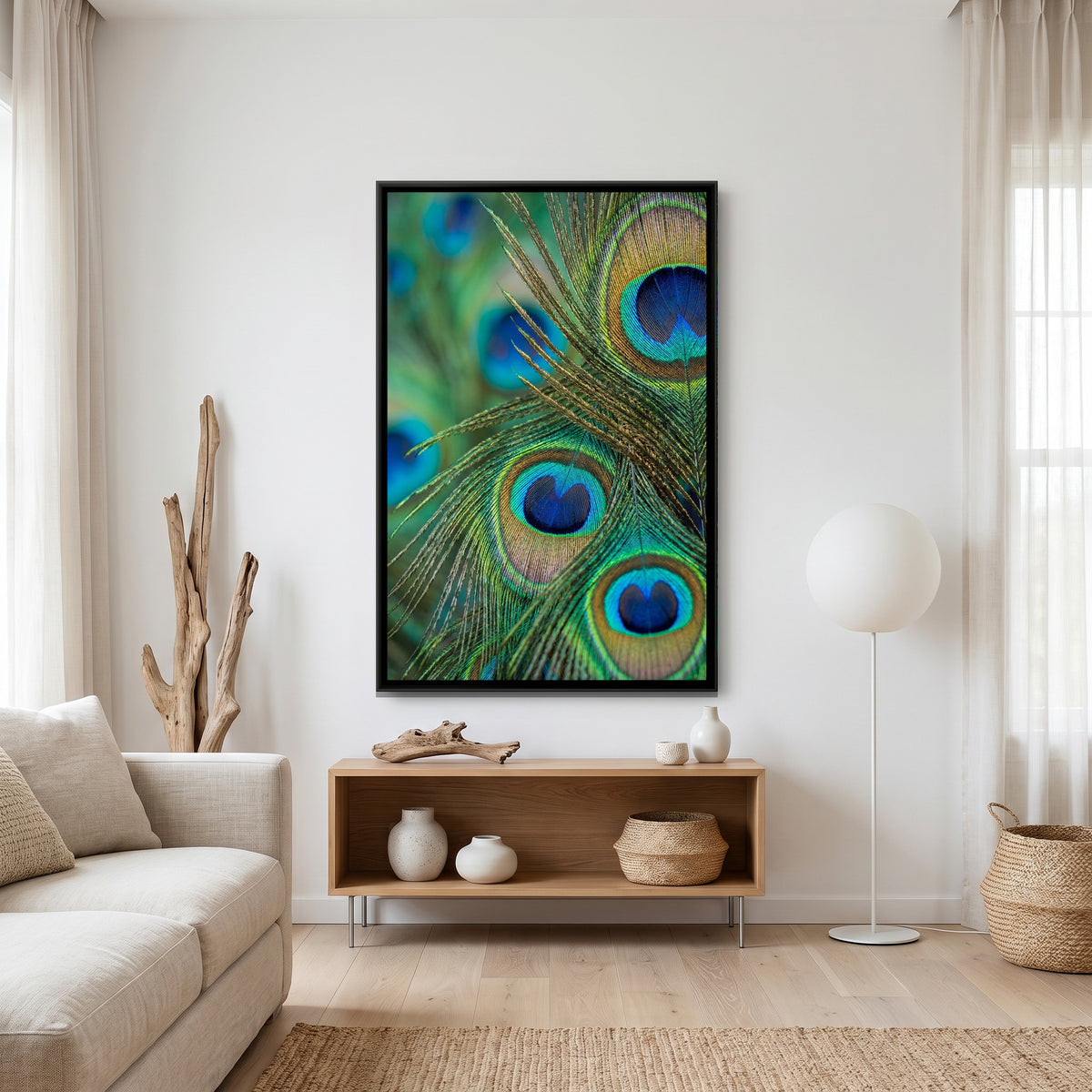 Peacock Feather Close-Up — canvas art shown in a second room setting
