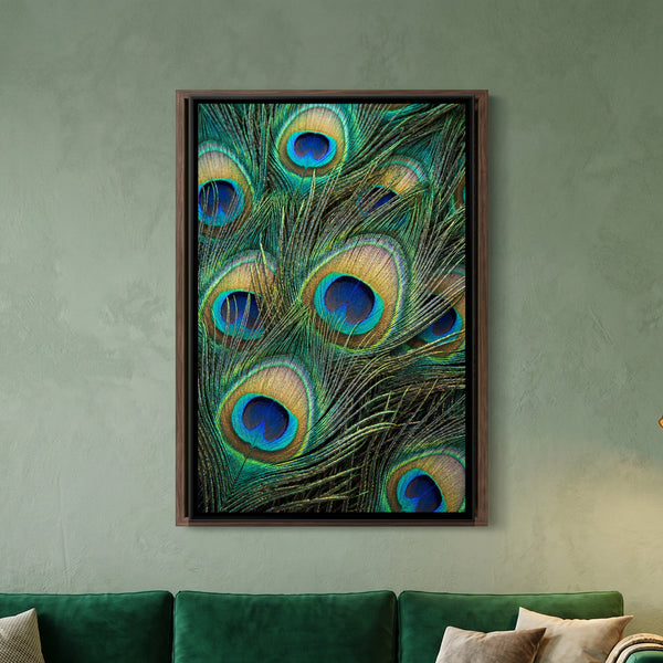 Peacock Feather Close-Up — framed canvas art hung on a wall