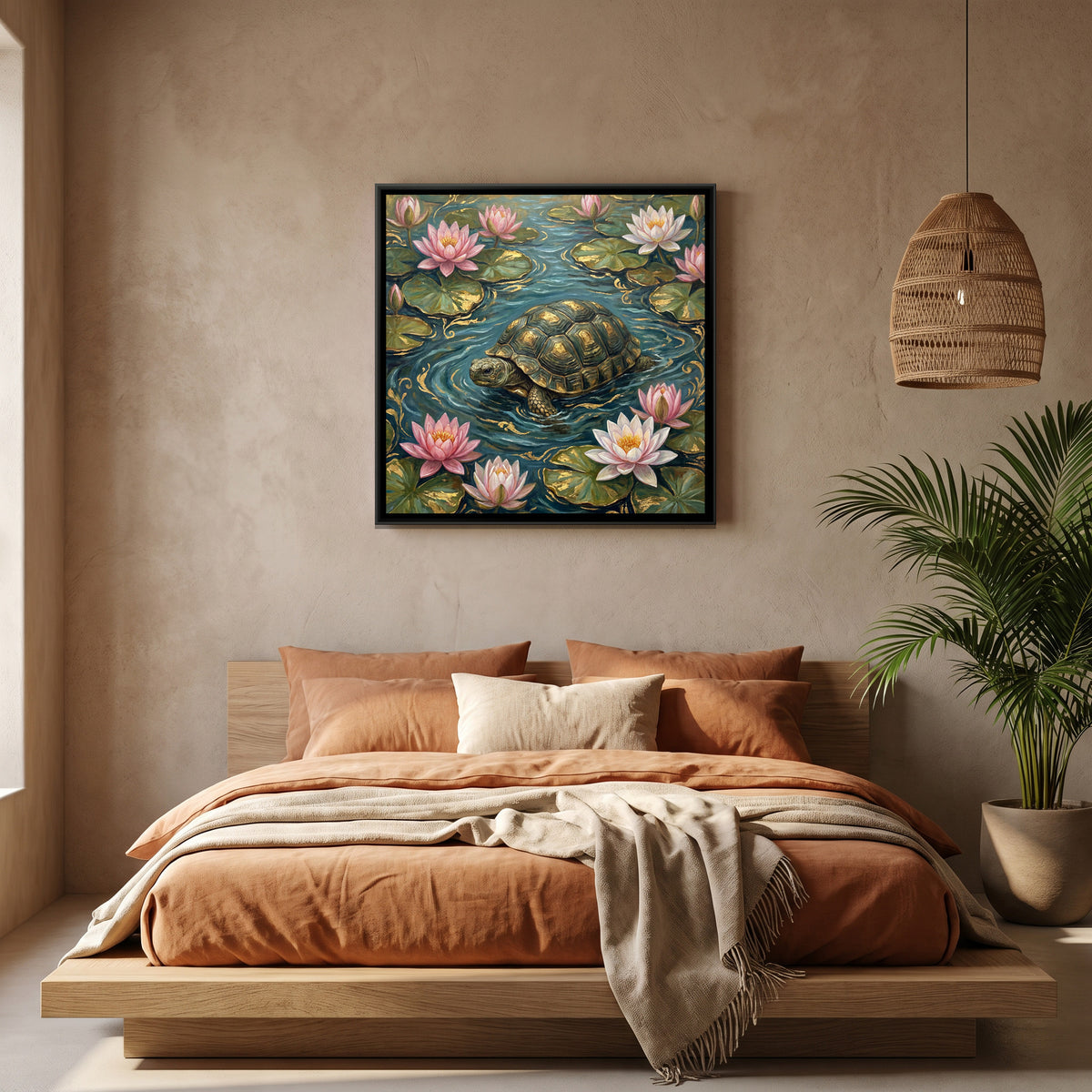 Vastu Tortoise — canvas art shown in a styled room