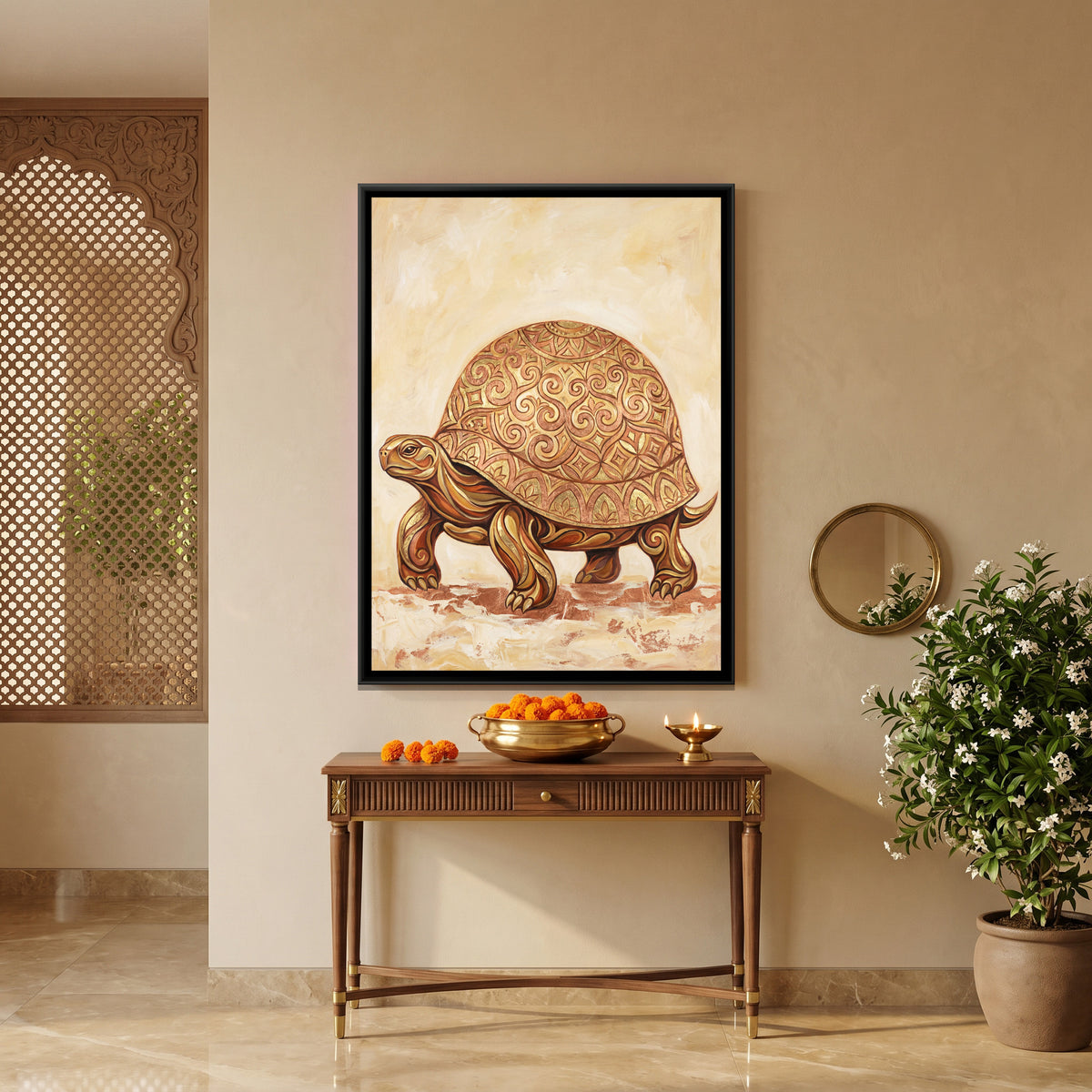 Vastu Tortoise — canvas art shown in a styled room