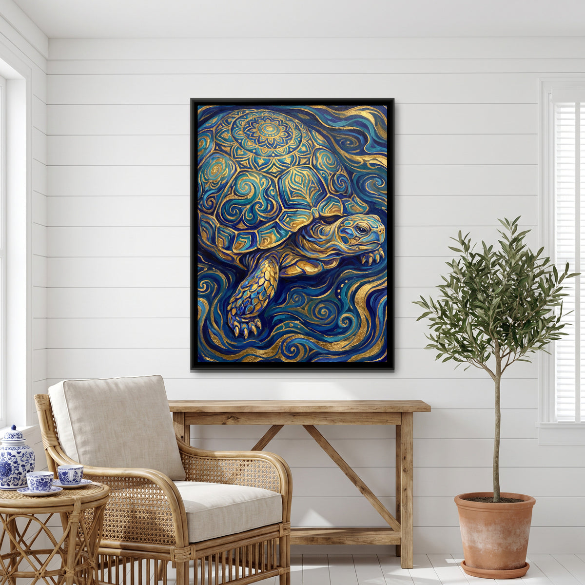 Mandala Tortoise — canvas art shown in a second room setting