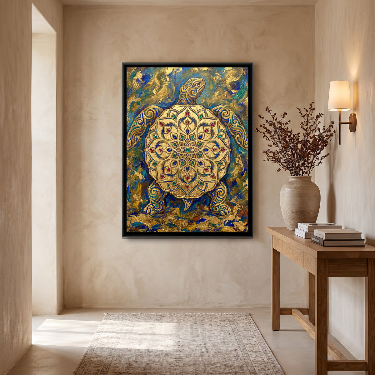 Mandala Tortoise — canvas art shown in a styled room