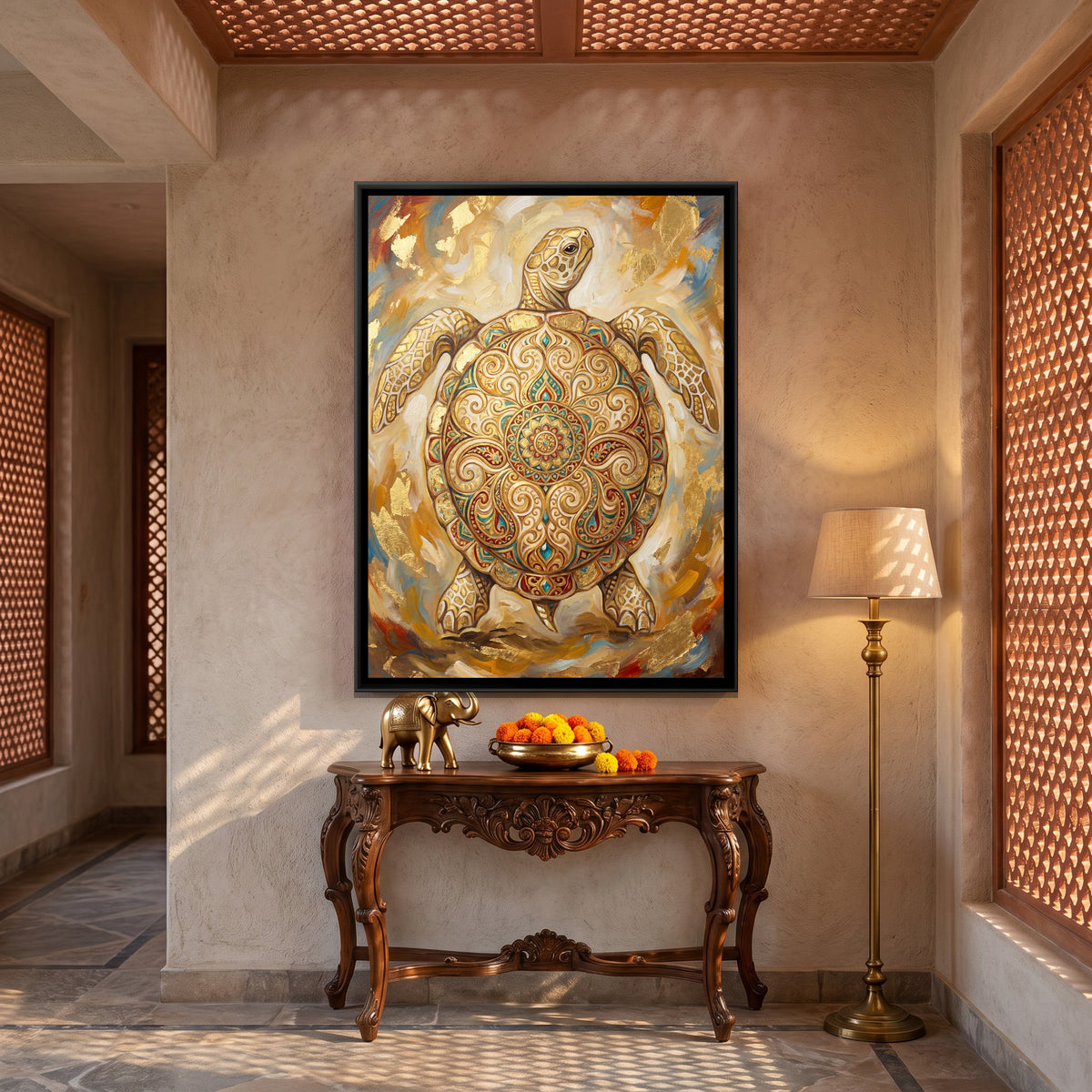 Mandala Tortoise — canvas art shown in a styled room