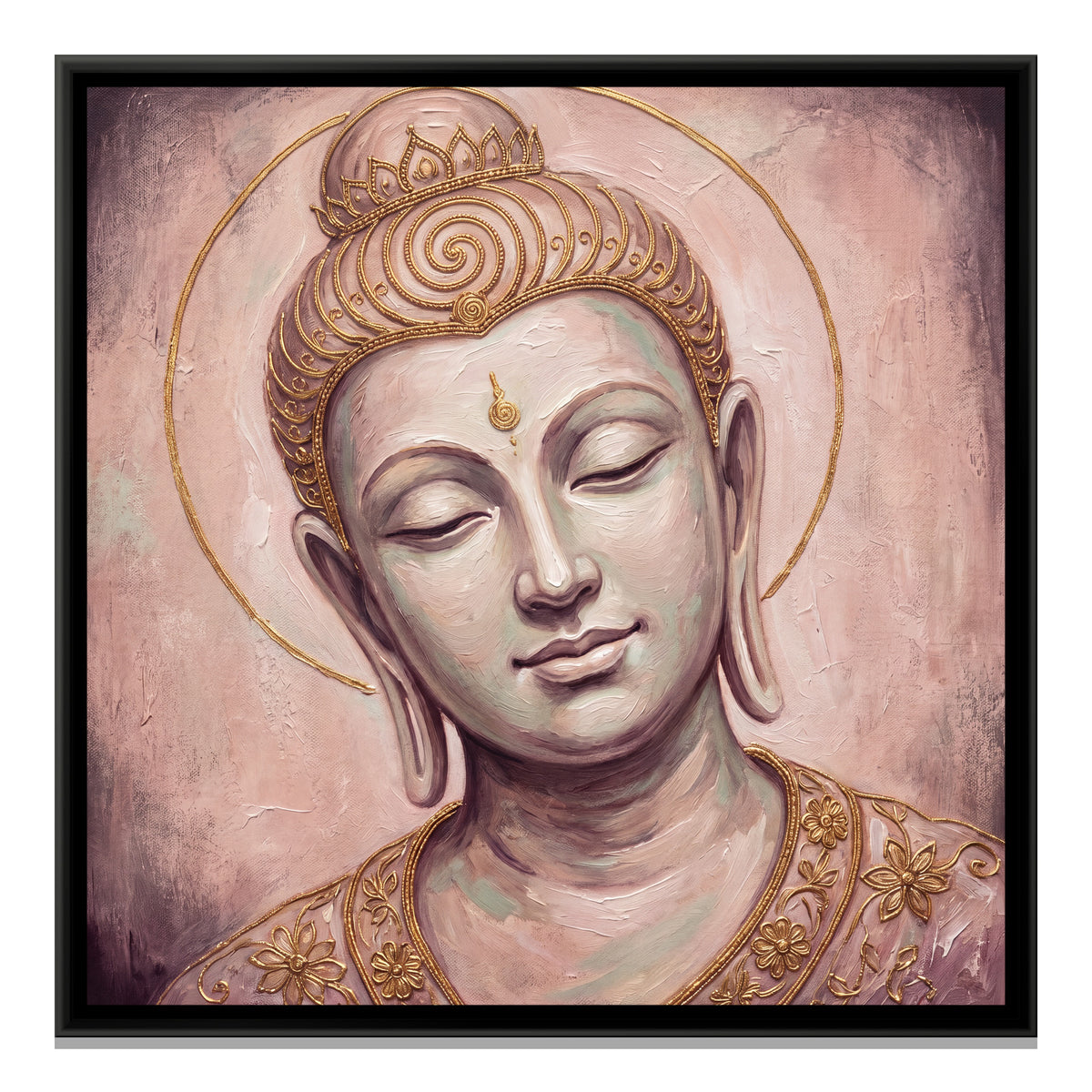 Buddha Face in Blush and Gold — framed canvas print, front view