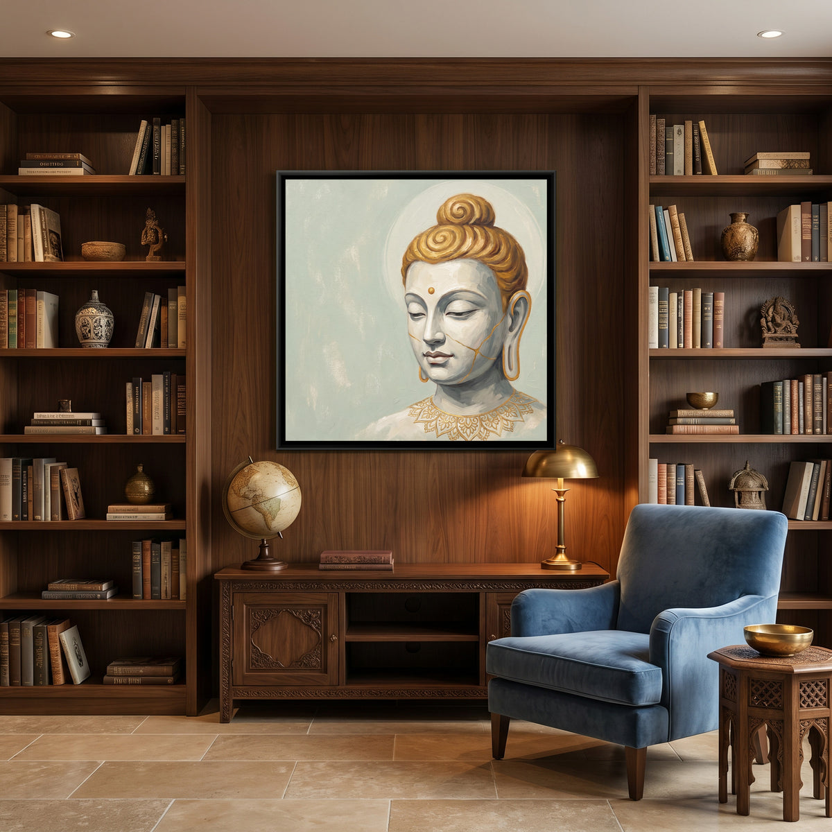 Buddha Face — canvas art shown in a styled room