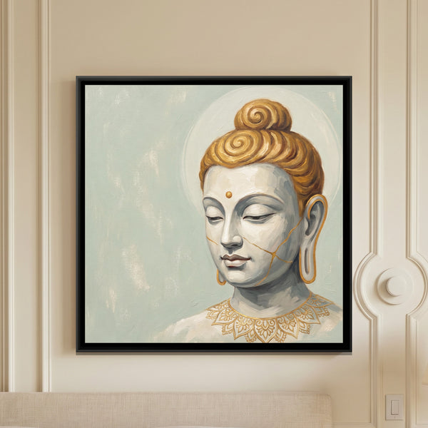 Buddha Face — framed canvas art hung on a wall