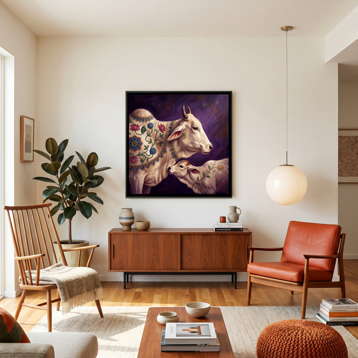 Kamadhenu Cow and Calf — canvas art shown in a second room setting