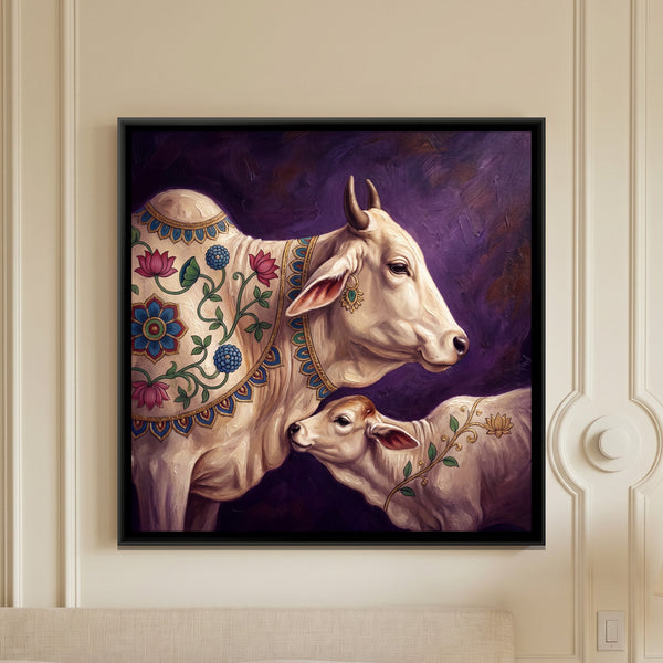 Kamadhenu Cow and Calf — framed canvas art hung on a wall