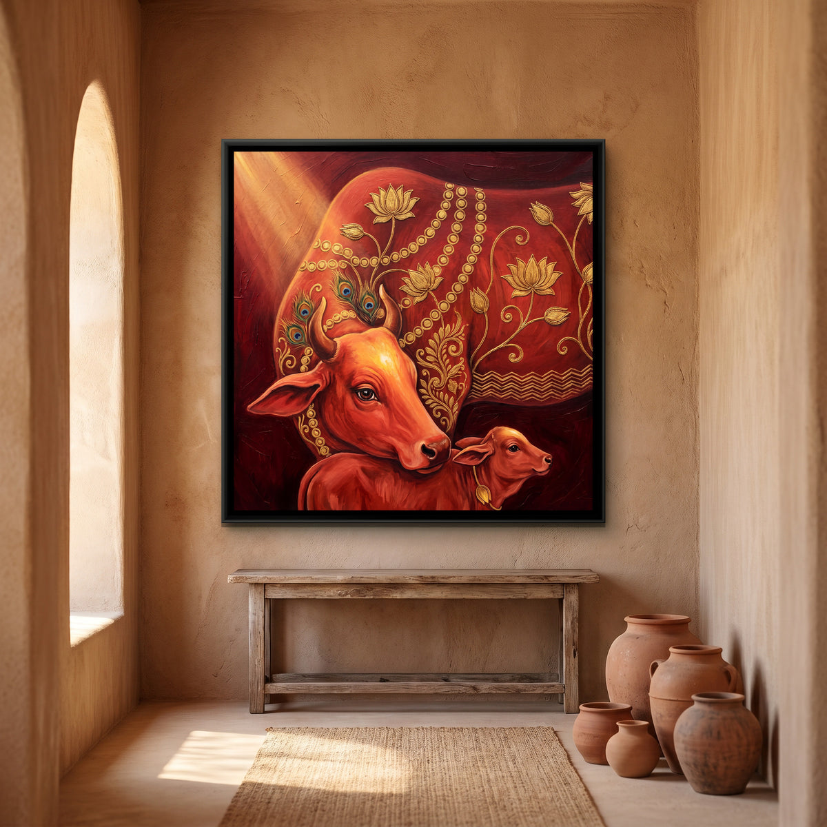 Kamadhenu Cow and Calf — canvas art shown in a styled room