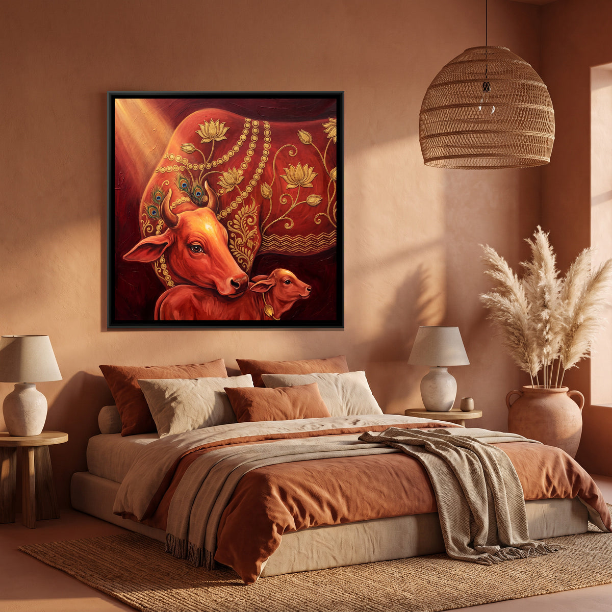 Kamadhenu Cow and Calf — canvas art shown in a second room setting
