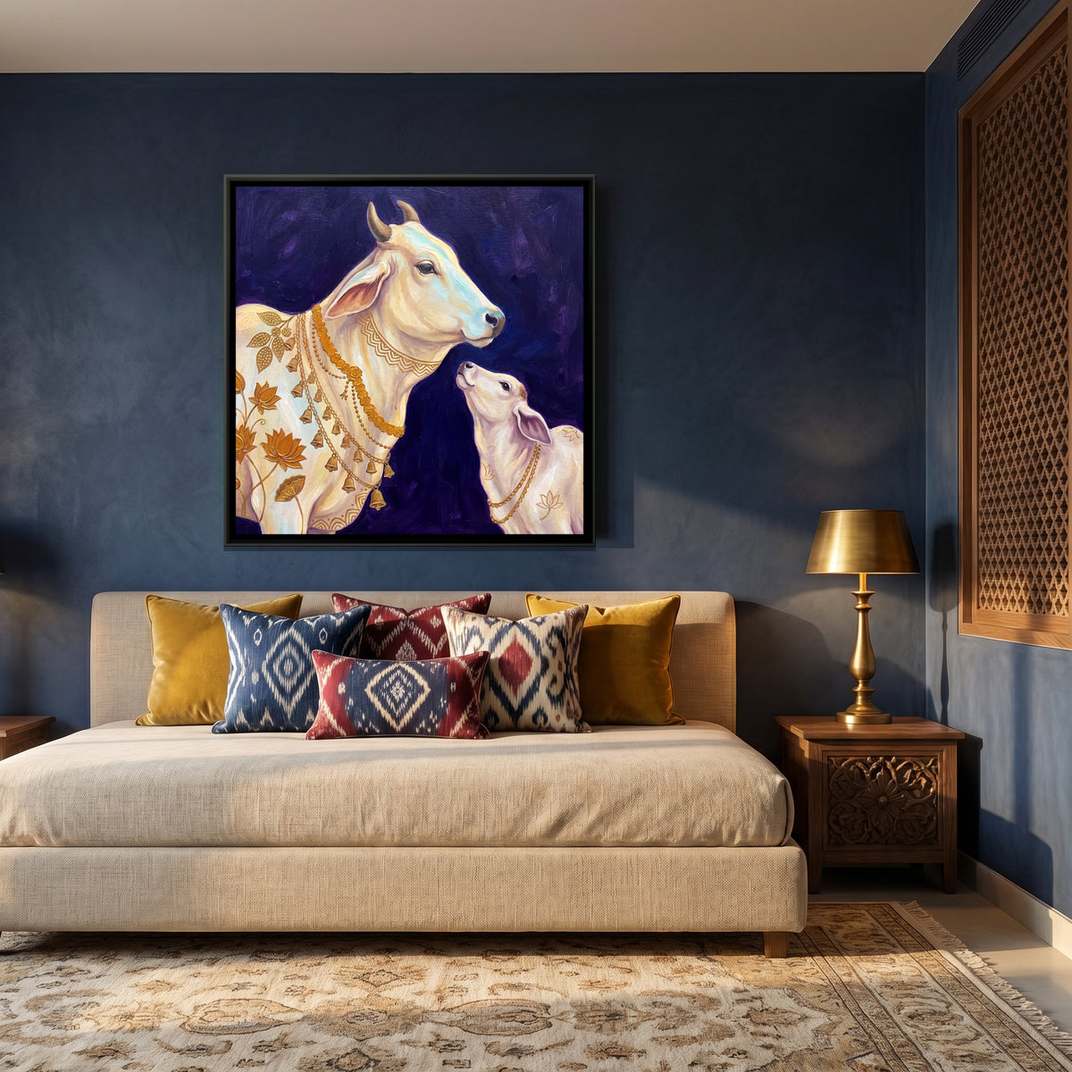 Kamadhenu Cow and Calf — canvas art shown in a styled room