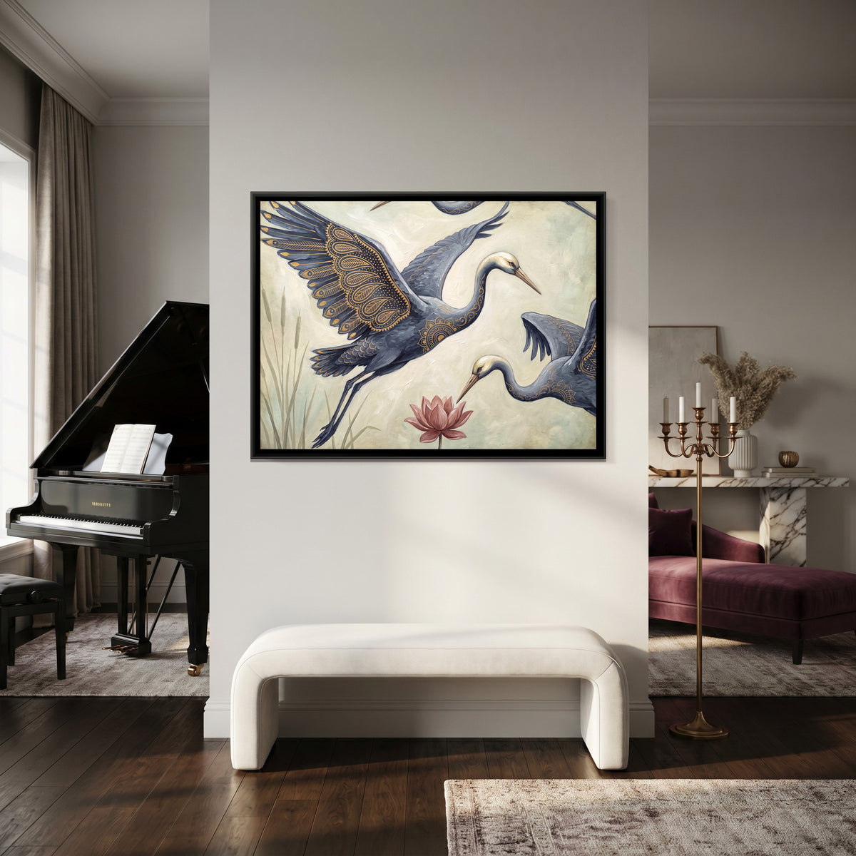 Cranes and Lotus — canvas art shown in a styled room