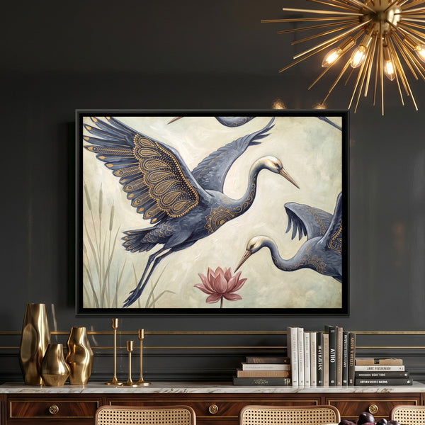 Cranes and Lotus — framed canvas art hung on a wall